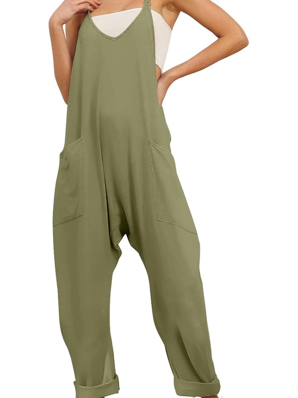 Relaxed Olive Green Women's Sleeveless Jumpsuit with Pockets